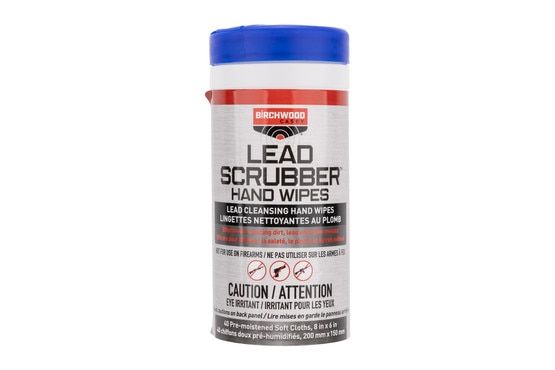 Birchwood Casey Lead Scrubber Hand Wipes come in a plastic can dispenser